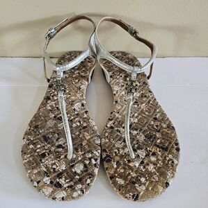 Tory Burch Marion Confetti Thong Quilted T-Strap Silver Sandals Women's Size 10
